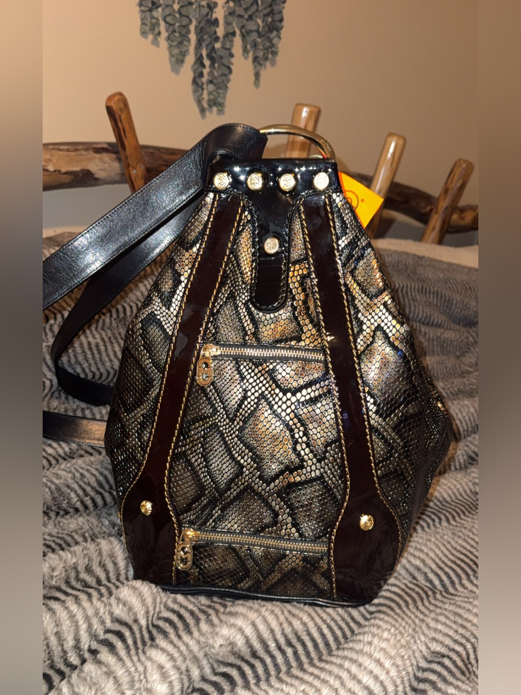 Marino Orlandi Women's Snake Print Python Black & Gold Sling Bag Backpack New!